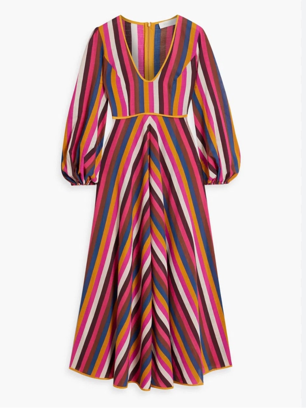 NWT Zimmermann Multi-Stripe V-Neck Long Sleeve Midi Dress in Pink, Yellow, Blue